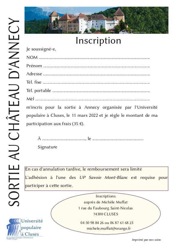 Inscription sortie Annecy 11 mars 2022